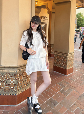 tingtings 白色小香风镂空针织套装女夏季裙子短袖上衣气质半身裙