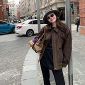 tingtings 咖色美拉德复古麂皮外套女秋冬新款 高级棒球服夹克上衣