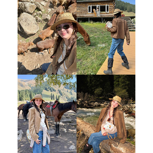 tingtings 复古美拉德重工铆钉麂皮绒外套女秋季短款气质夹克上衣