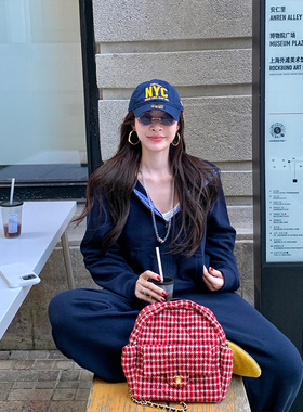 tingtings 藏青色拼接格子连帽卫衣外套女秋季新款宽松休闲裤套装