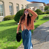 tingtings 毛衣外套 好看宽松开衫 小香风橘色针织衫 上衣女早秋新款