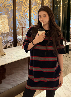 tingtings 高级羊毛针织套装女秋冬新款条纹短袖t恤+显瘦半身裙子