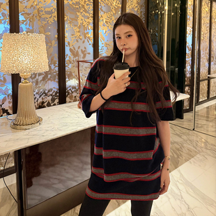 t恤 tingtings 条纹短袖 女秋冬新款 显瘦半身裙子 高级羊毛针织套装