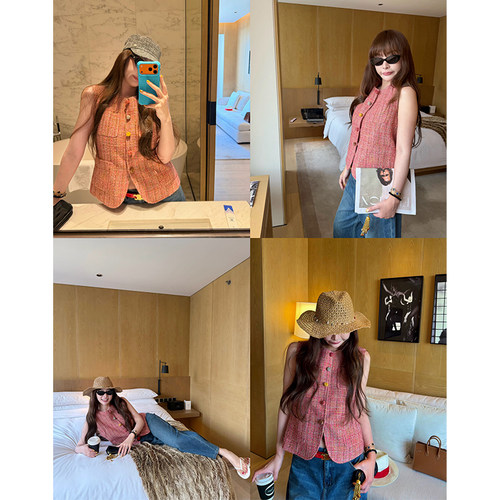 粉色小香风羊毛马甲女无袖上衣