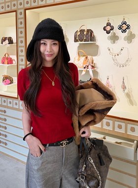 tingtings 1/20PM20点【新年私服】红色羊毛短袖t女秋冬针织上衣