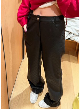 tingtings 黑色哑光菱格pu皮裤女秋冬宽松加绒休闲裤显瘦直筒裤子