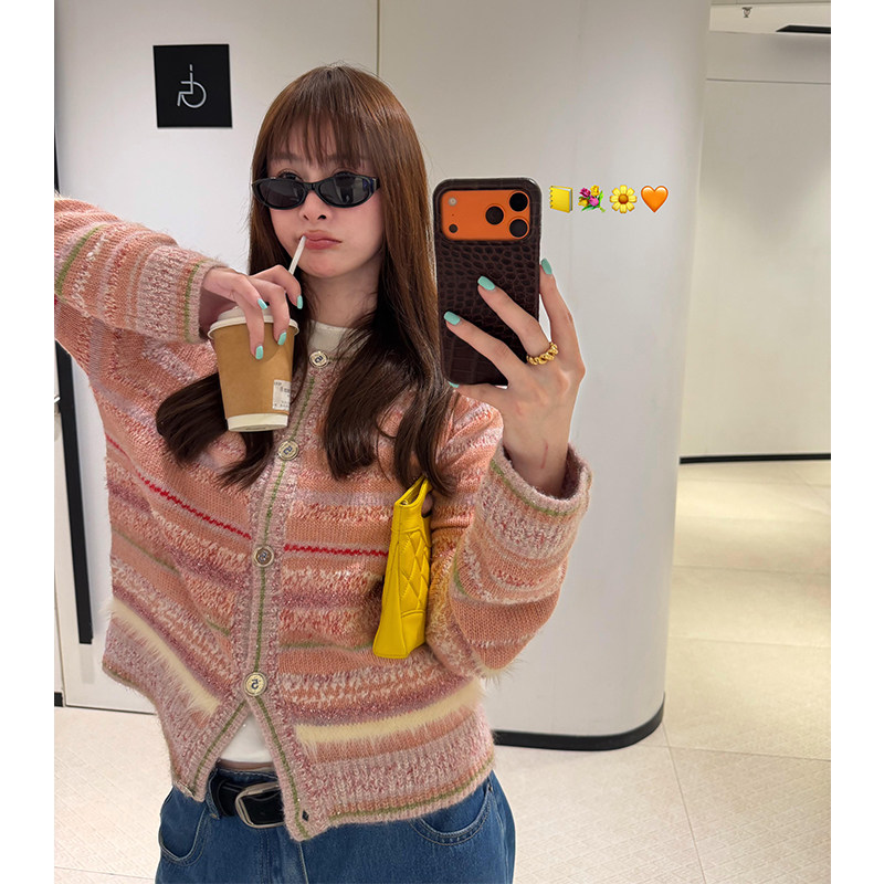 tingtings 法式重工粉色小香风羊毛针织开衫女秋季新款毛衣外套