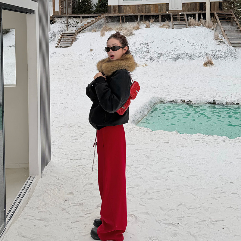 tingtings 红色加绒休闲裤女冬季保暖裤子宽松阔腿裤慵懒运动长裤,女装/女士精品,休闲裤,淘宝优惠券,粉丝福利购,淘宝优惠卷