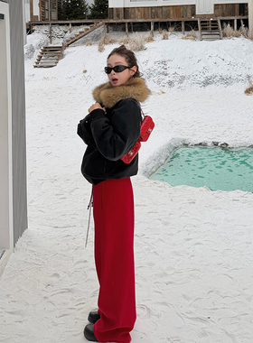 tingtings 红色加绒休闲裤女冬季保暖裤子宽松阔腿裤慵懒运动长裤