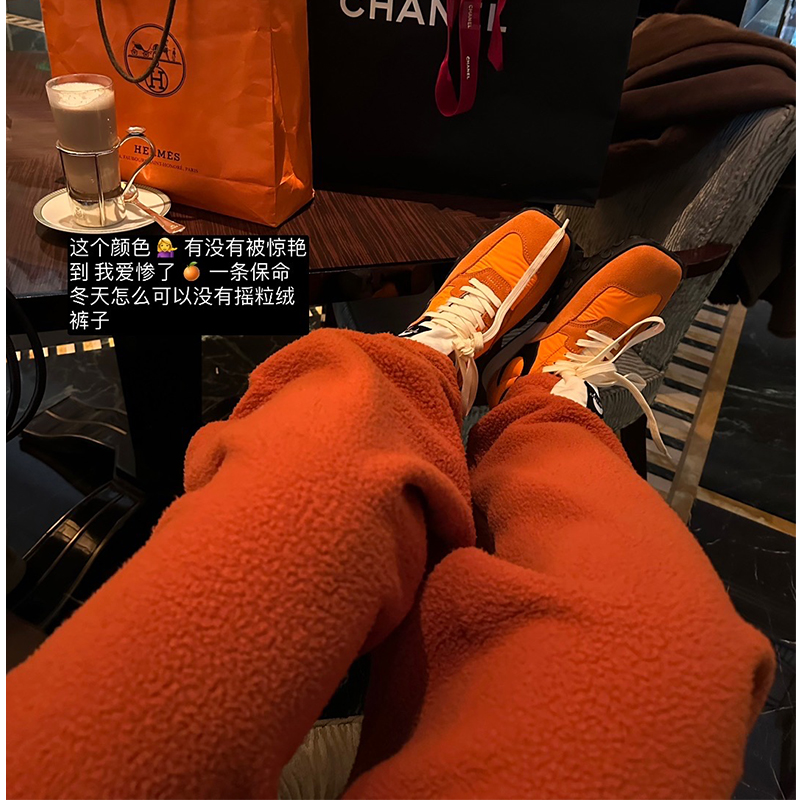 橘色摇粒绒裤子女秋冬加绒阔腿裤