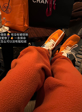 tingtings 橘色加厚摇粒绒裤子女秋冬宽松黑色加绒卫裤直筒阔腿裤