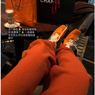 tingtings 橘色加厚摇粒绒裤子女秋冬宽松黑色加绒卫裤直筒阔腿裤