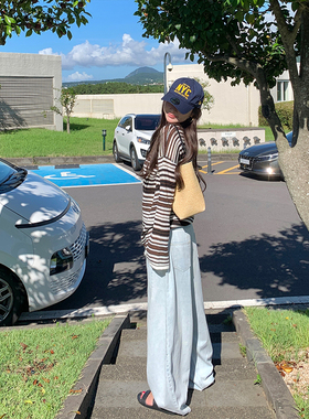 tingtings 复古浅蓝色裤子女秋季新款牛仔裤宽松阔腿裤拖地长裤