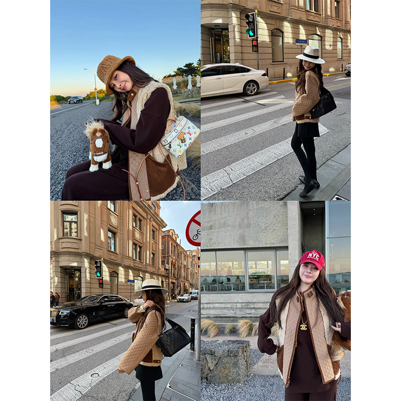 复古拼色羊羔毛马甲外套女冬棉服