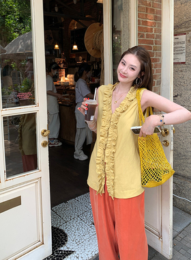 tingtings 黄色木耳边亚麻无袖衬衫女夏季新款V领背心小衫上衣
