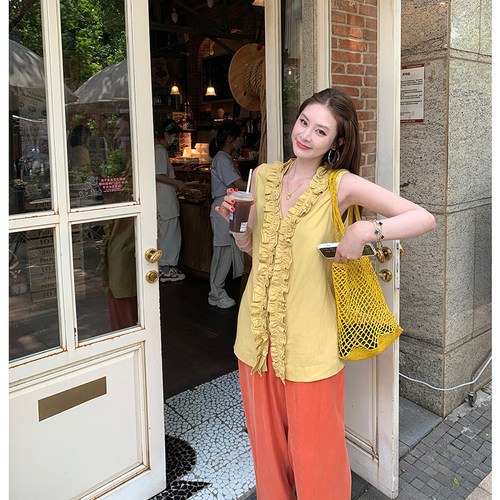 tingtings 黄色木耳边亚麻无袖衬衫女夏季新款V领背心小衫上衣