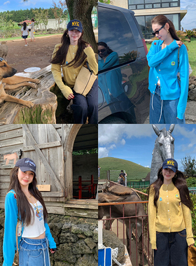 tingtings 卡通刺绣黄色羊毛针织衫女早秋新款开衫毛衣空调衫上衣