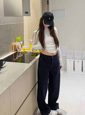 tingtings 蓝色加绒牛仔裤女秋冬加厚裤子宽松香蕉裤复古阔腿裤