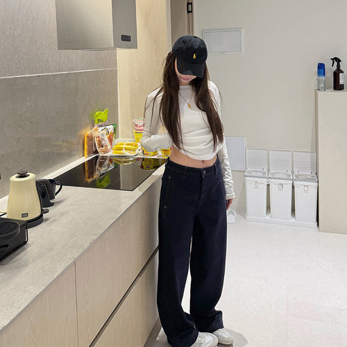 加绒牛仔裤女冬宽松香蕉裤阔腿裤