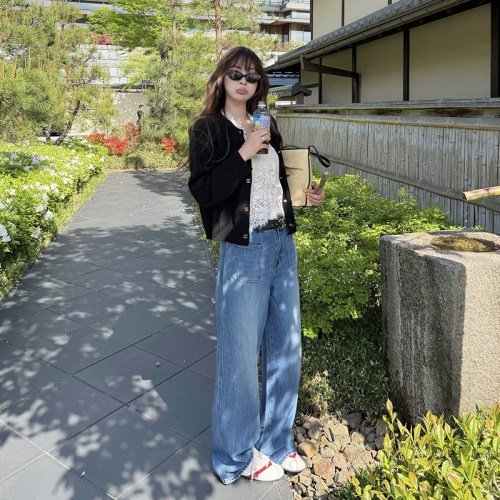 贴袋蓝色直筒牛仔裤女拖地长裤