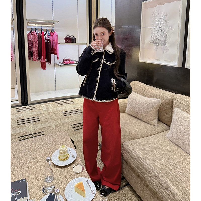 抓毛红色裤子直筒牛仔裤女阔腿裤