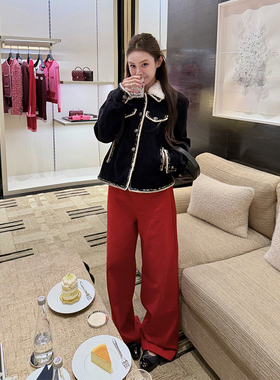 tingtings 好看红色裤子直筒牛仔裤女秋冬新款加厚长裤宽松休闲裤