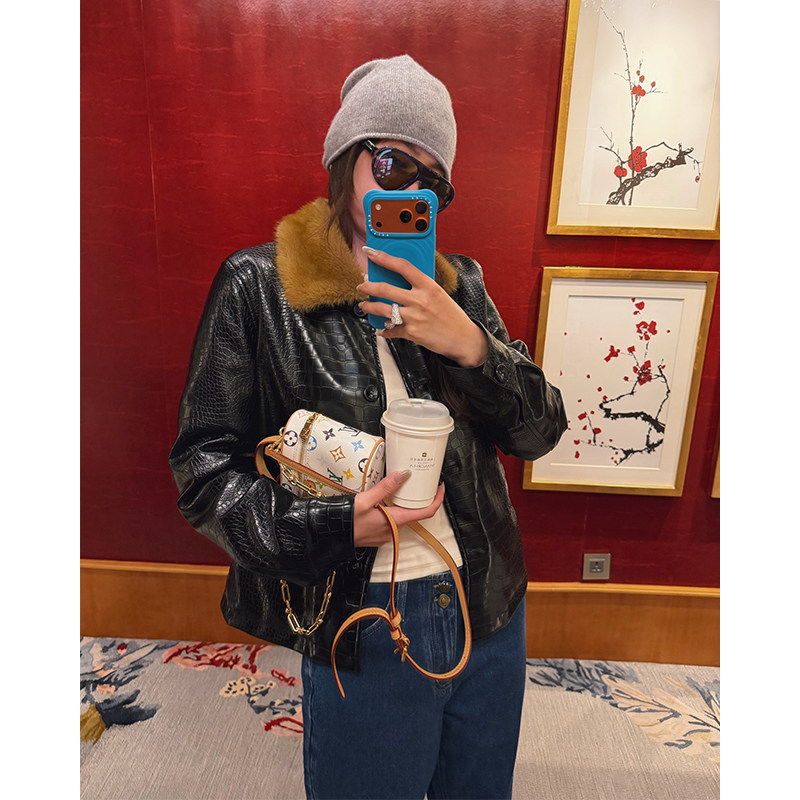 tingtings 痞帅女主气质PU皮衣内充白鸭绒羽绒外套女高级保暖上衣