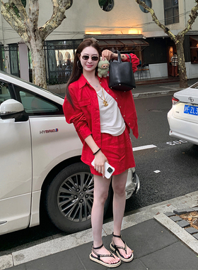 tingtings 红色亚麻长袖衬衫套装女夏季新款宽松防晒上衣显瘦短裙