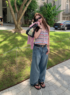 tingtings 设计感弯刀直筒牛仔裤女夏宽松阔腿裤休闲慵懒拖地长裤