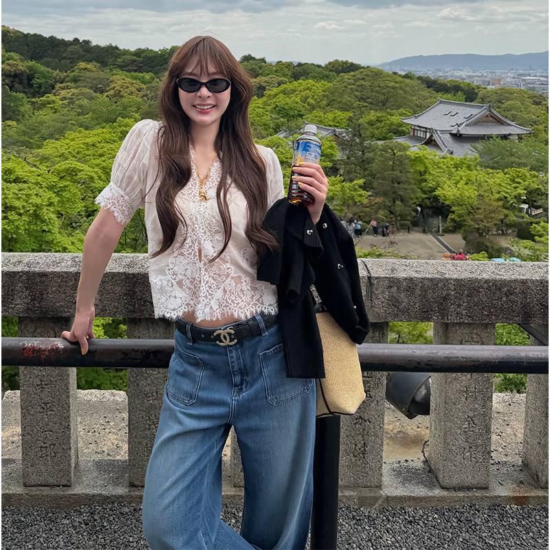 tingtings 白色镂空蕾丝V领苎麻短袖衬衫女夏季气质薄透花边上衣
