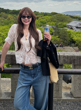 tingtings 白色镂空蕾丝V领苎麻短袖衬衫女夏季气质薄透花边上衣