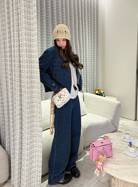 tingtings 小香风外套裤子牛仔套装女早秋新款女装上衣蓝色牛仔裤