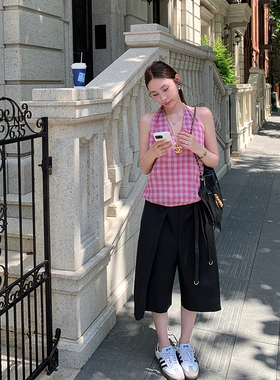 tingtings 黑色不规则7分裤女夏季宽松休闲阔腿裤西装直筒中裤