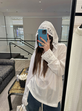 tingtings白色长袖t恤女新款蕾丝连帽打底衫花边帽衫防晒罩衫上衣