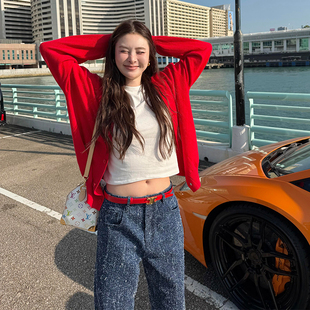 tingtings 女早春新款 亲肤V领洋气开衫 毛衣上衣 红色100羊毛针织衫