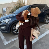 咖色加绒运动套装 女秋冬圆领长袖 卫衣裤 tingtings 子宽松休闲裤