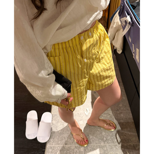 黄色条纹运动短裤女休闲沙滩裤