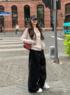 tingtings 黑色亚麻裤子女早秋新款宽松慵懒工装裤松弛阔腿休闲裤