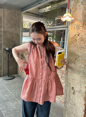 tingtings 橘红色亚麻无袖衬衫背心女夏季宽松荷叶摆罩衫洋气上衣