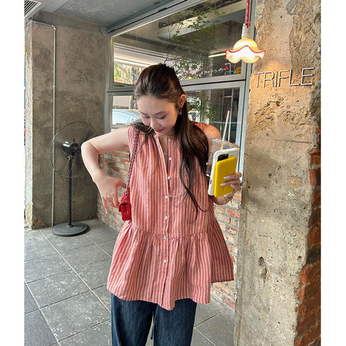 亚麻竖条纹无袖衬衫背心上衣女夏