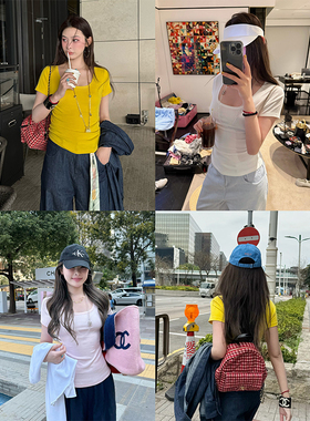 tingtings 黄色多巴胺修身短袖t恤女夏季新款辣妹U领体恤打底上衣