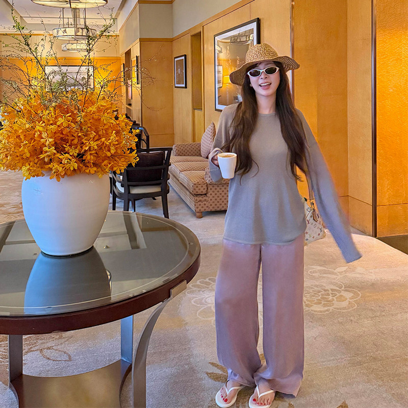 tingtings 紫色凉感垂感裤子高级铜氨丝休闲裤女宽松薄款天丝长裤