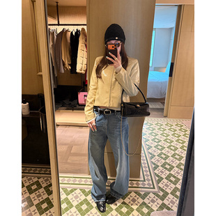 tingtings 都市精致翻领pu皮衣外套女早秋新款休闲夹克高级短外套