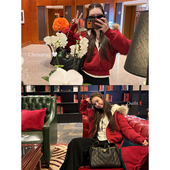 新款 tingtings 红色连帽加绒卫衣外套女2025冬季 保暖毛毛夹克上衣