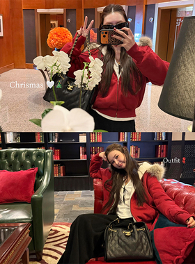 tingtings 红色连帽加绒卫衣外套女2025冬季新款保暖毛毛夹克上衣