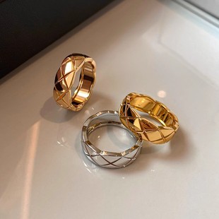 不掉色金属小香风玫瑰金银色菱格纹素圈食指中指戒指女轻奢高级感