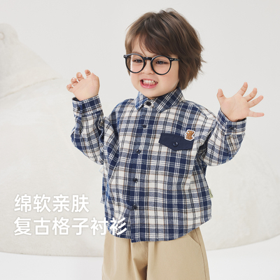 威尔贝鲁男童格子衬衫秋装2025新款儿童长袖衬衣外套格子宝宝衬衣