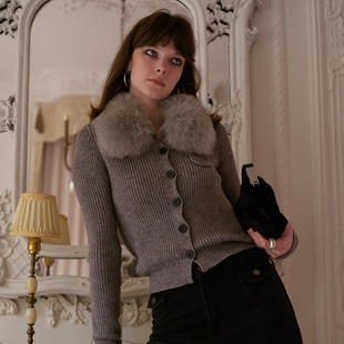 温暖显瘦 羊毛开衫 法式 可拆卸狐狸毛领针织 外套 复古时髦 TOP家