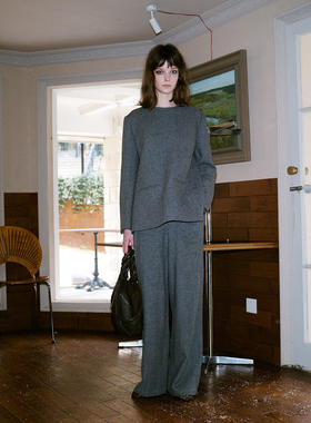 TOP家 利落造型 法式通勤复古静奢感羊毛简约圆领衬衫上衣+阔腿裤