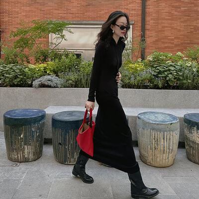 TOP家 秋冬B败 法式时髦休闲40支奥绒自发热修身连帽抽长款连衣裙